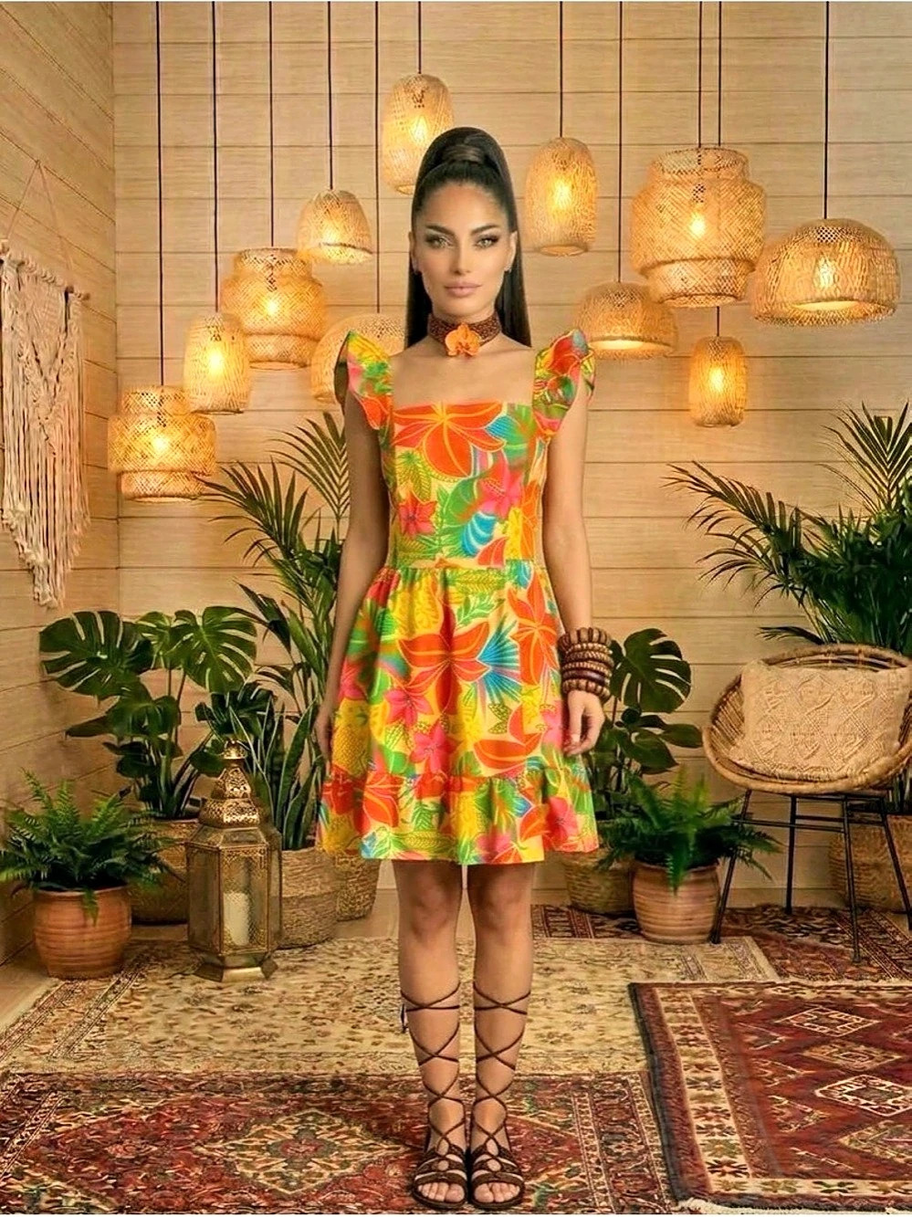 Tropical Butterfly Wing w/Orchids & Leopards Print Dress